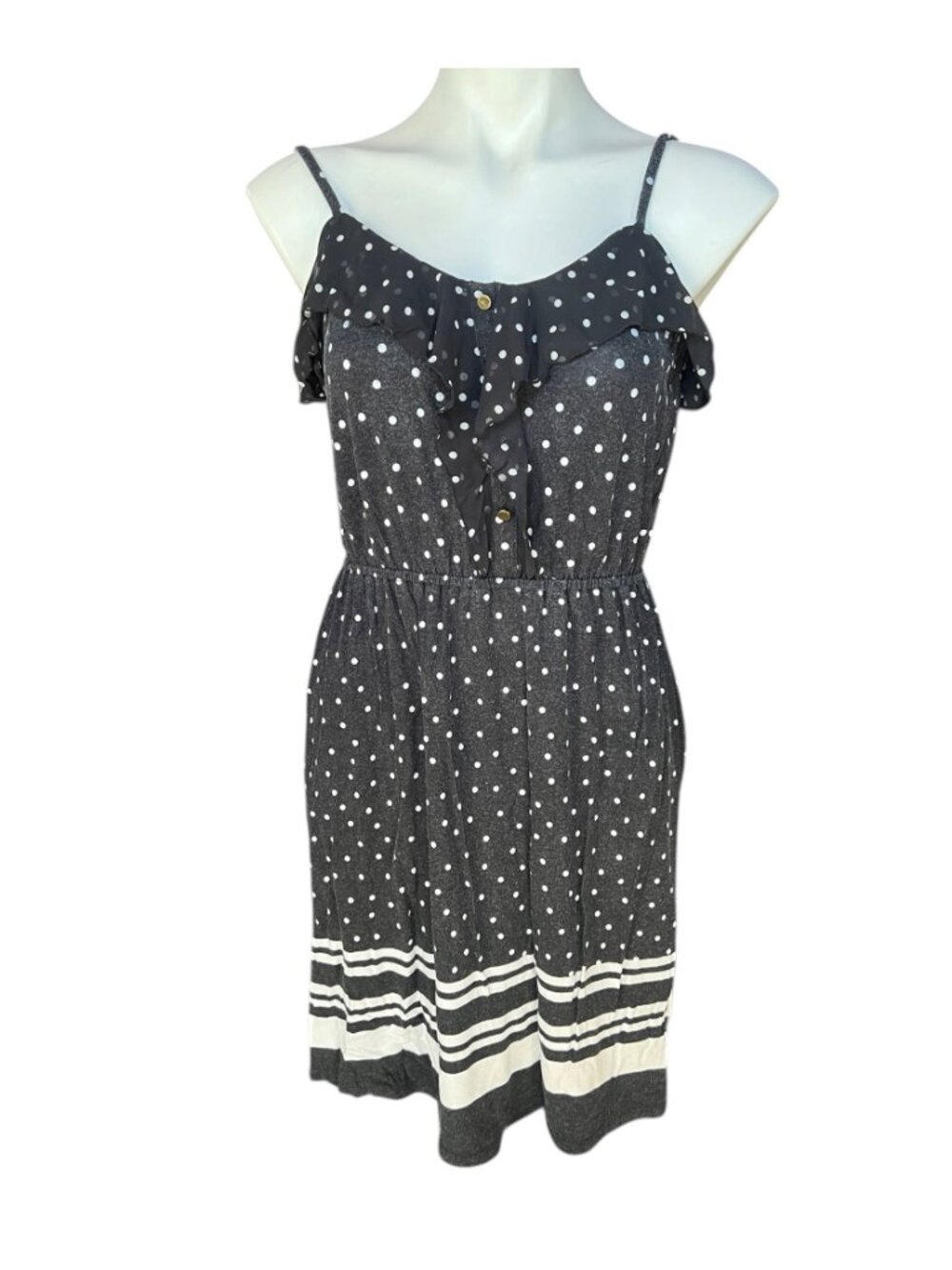 Elle Womens Dress Size M B&W Polka Dot Ruffle Sleeveless Adj. Straps Stripes - Picture 9 of 10